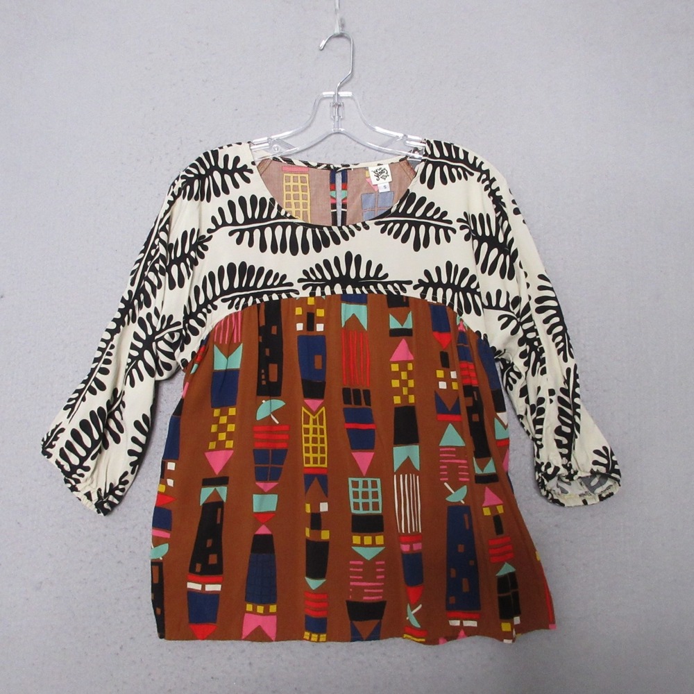 Ivy Jane Blouse‎ Small Colorgul Mix Print Geometric Art to Wear Boho Tribal Mod